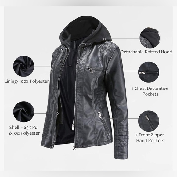 Tagoo Faux Leather Jacket Women Motorcycle Coat for Biker with Removable Hood - Picture 1 of 2